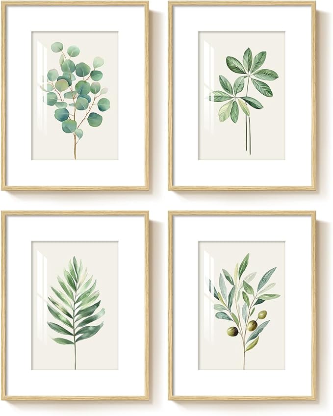 Framed Sage Green Botanical Wall Art for Bathroom, 4 Piece Farmhouse Minimalist Plant Artwork for Walls, Boho Green White Leaf Pictures Prints for Bedroom Kitchen Living Room Wall Decor, 11x14 Inch
