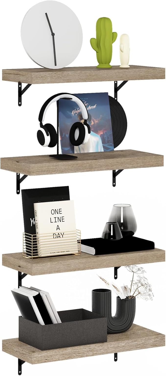 Furinno Tanna Floating Shelves for Wall Set of 4, 22-Inch Wall Shelf, Triple Thick Floating Mounted Shelf, for Bathroom, Home Office, Living Room, Natural