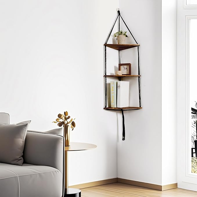 Artilady Macrame Corner Shelf Wall Hanging - 3 Tier Black Floating Shelves Plant Corner Wall Decor, Boho Rustic Wooden Plant Storage Rack for Bedroom Living Room Bathroom