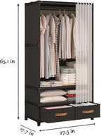Portable Closet,Portable Closets for Hanging Clothes,Japanese Style Wardrobe Clothing Rack with 2 Drawers,1 Hanging Rods and 2 Storage Shelves,27.5" L x 17.7" W x 65.1" H,Black