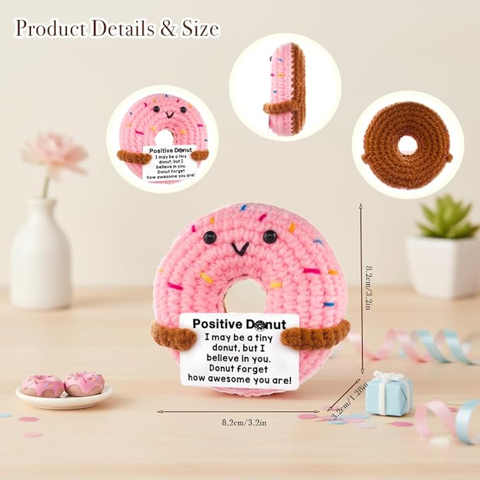 Funny Positive Crochet Donut,Emotional Support Donuts Themed Gift,cute Stuffed Animals Plush,Birthday Gifts for Women,friends(Pink Donut)