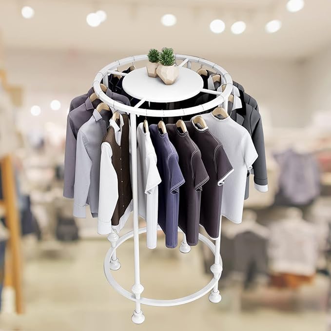 Round Garment Rack, Floor Standing Iron clothes Hanging Rack with Topper, Suitable for Large Shopping Malls Retail, Clothes Boutique Display Laundry Rooms Multi-Purpose Hanging (WHITE)