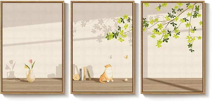 Framed Modern Neutral Wall Art for Living Room, 3 Piece Nature Summer Cozy Canvas Prints Painting, Minimalist Farmhouse Cat Botanical Peaceful Wall Decor for Bedroom Dining Room Office, 16x24 Inch
