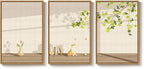 Framed Modern Neutral Wall Art for Living Room, 3 Piece Nature Summer Cozy Canvas Prints Painting, Minimalist Farmhouse Cat Botanical Peaceful Wall Decor for Bedroom Dining Room Office, 16x24 Inch