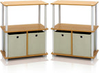 Furinno TURN-N-TUBE Storage Shelves Set of 2, 3-Tier Toolless Book Shelf with Storage Bins, Display Shelf, for Organization and Storage, Living Room, Garage, Home Office, Beech