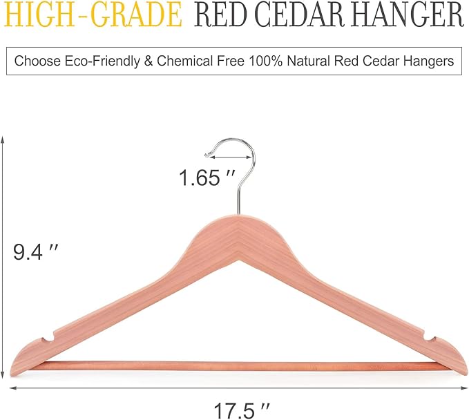 TOPIA HANGER American Red Cedar Wooden Hangers, Clothes Hangers for Closet, Wood Coat Hanger with Smooth Cut Notches, 360°Flexible Hook, Non-Slip Pants Bar,10 Pack-CT07C