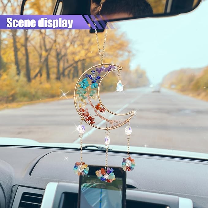 Colorful Moon Car Pendant, Sun Catcher Crystal Stone Craft, Dream Catcher Car Rear View Mirror Charm, Car Hanging Decorative Accessories, Car Interior Ornament for Room Window Wall