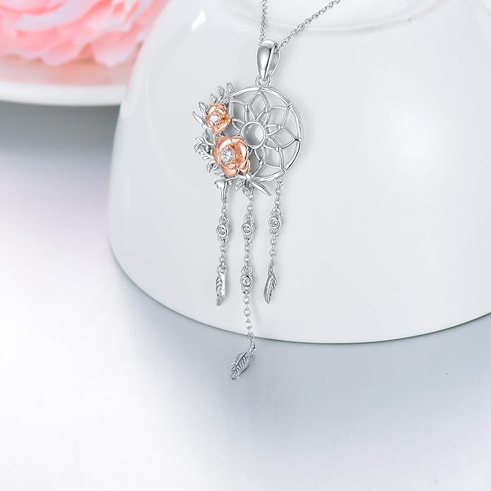 Dream Catcher Pendant Necklace 925 Sterling Silver Synthetic Moonstone Crystal Sunflower Rose Flower Evil Eye Dreamcatcher Cremation Jewelry Gifts for Women Wife Mom
