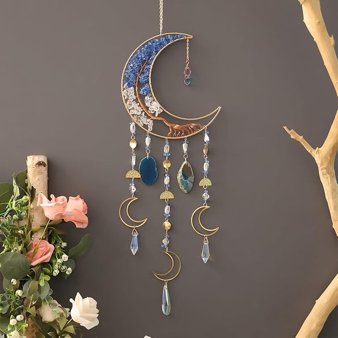 Agate Moon Dream Catchers with Crystal 7 Chakra Gemstone Dream Catchers Color Natural Gem Agate Wall Hangings Room Garden Dreamcatchers Decor (Blue)