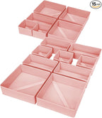 DIMJ Drawer Organizer for Clothing, 15 Pack Fabric Drawer Organizer Bins, Foldable Sock Organizer for Drawer, Dresser Organizer for Clothes, Socks, Bra, Tie (Pink)