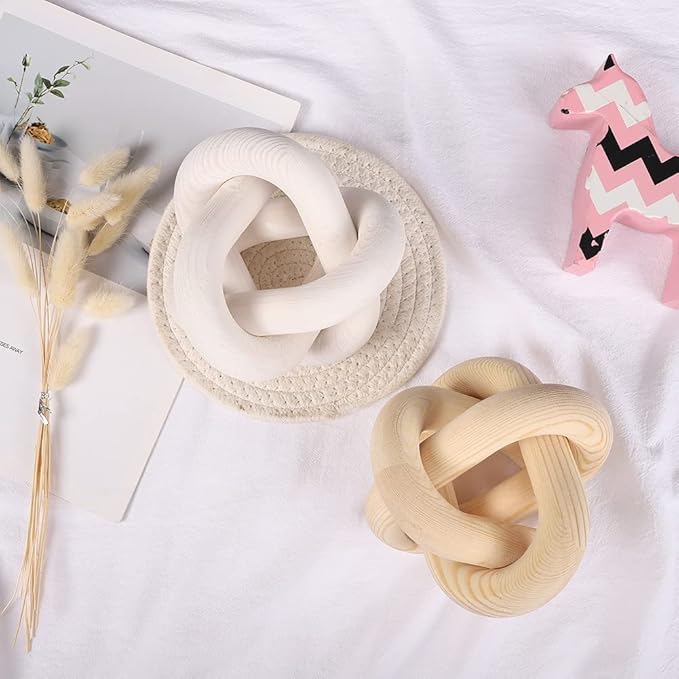 Wood Knot Chain Link Decor - 3 Link Boho Wooden Hand Carved Decorative Wooden Links Knots for Coffee Table Entryway Modern Farmhouse Shelf Decoration