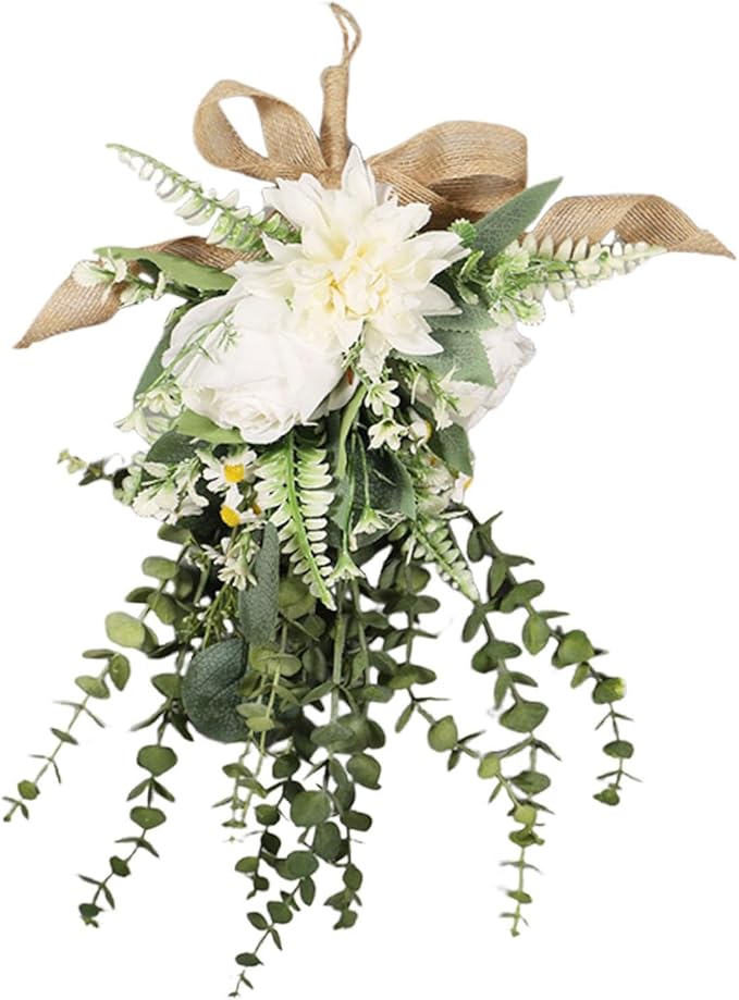 Artificial Floral Wreath Teardrop Swag Silk Flower Hanging Garland Decorative Ornament Versatile for Entryway Wedding Party Home Decoration Sui, White