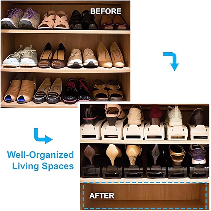 Shoe Slots Organizer, 8 PCS 4-Level Adjustable Shoe Rack Stacker, Organizador de Zapatos, Double Deck Shoe Holder for Closet Storage, No Assembly Needed, Black