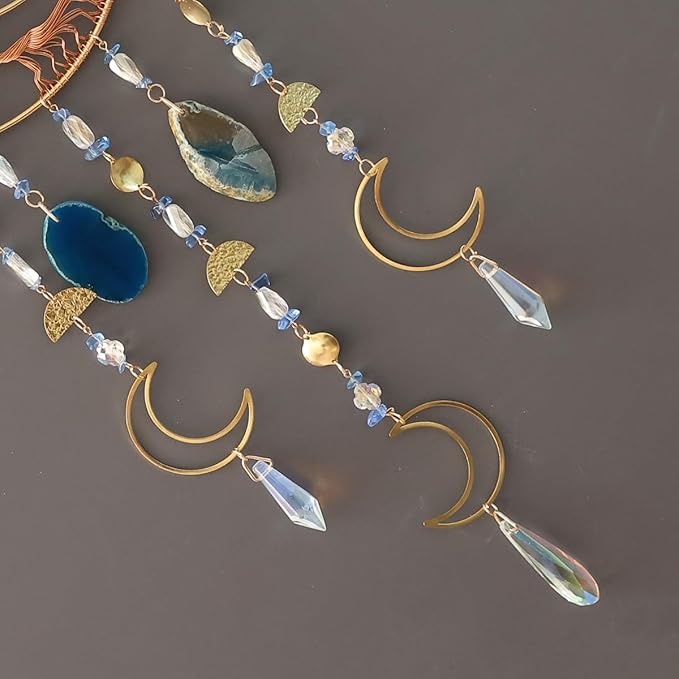 Agate Moon Dream Catchers with Crystal 7 Chakra Gemstone Dream Catchers Color Natural Gem Agate Wall Hangings Room Garden Dreamcatchers Decor (Blue)