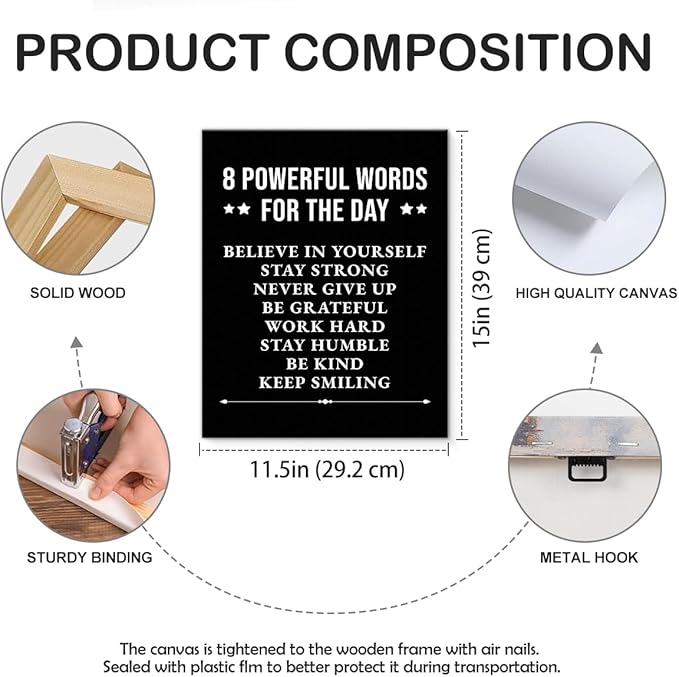 Inspirational Wall Decor, Motivational Canvas Painting Wall Art for Men Teen Boy, Black and White Positive Quotes Posters for Bedroom Living Room Classroom Gym Office (11.5 X 15 Inches, Framed)