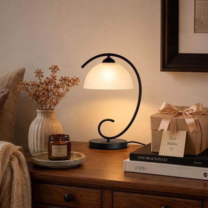 Modern Bedside Table Lamp with Frosted Glass Dome Shade, Sand Black Metal Base, E26 Socket, Plug-in with On/Off Switch for Bedroom, Living Room – No Bulb Included