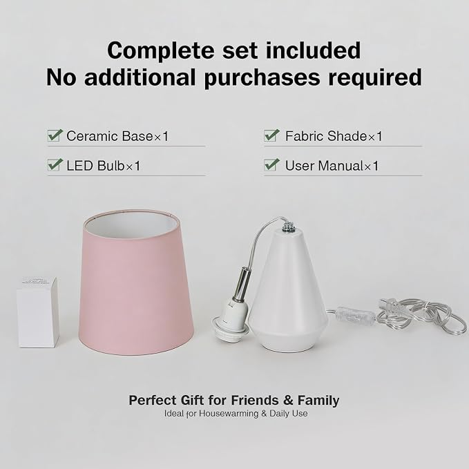 Small Bedside Table Lamp for Bedroom - Reading Desk Lamp with 3 Color Temperatures，15.5" Nightstand Ceramic Lamp with Fabric Shade for Kids Room,Living Room,Dorm,Home Office (White+Pink