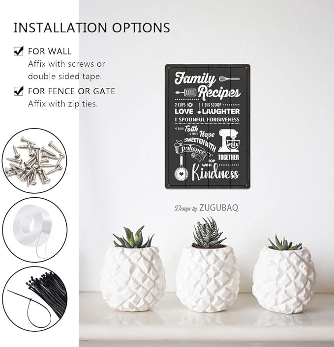Funny Kitchen Signs Decor-Kitchen Farmhouse Decor-Personalized Kitchen Metal Sign-Retro Kitchen Counter Accessories-12x8 Inch Hanging Plaque Home Wall Decorations-Family Recipes Carbon Gray