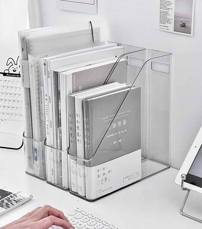 Acrylic Magazine Holder, 2 PCS File Magazine & Book Storage Rack for Office Desk, Clear Book Organizer with 3pcs Silicone Automatic Bookmarks