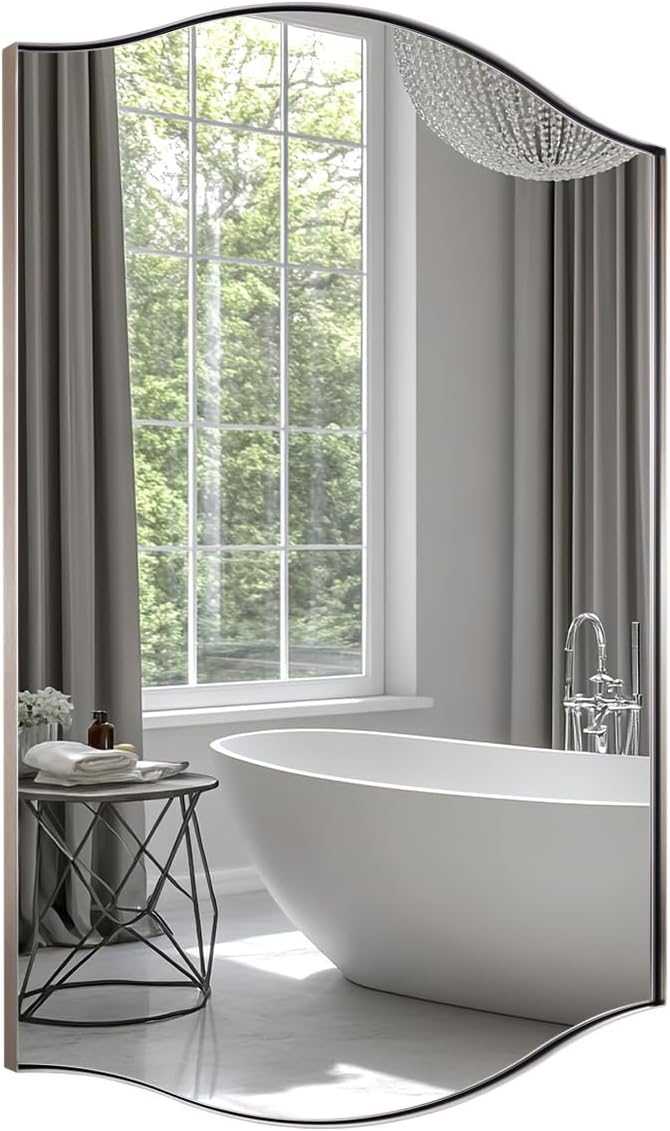 ANDY STAR Rectangle Scalloped Mirror, 30"x40" Brushed Nickel Bathroom Mirror in SUS304 Stainless Steel Metal Frame, Large Silver Vanity Mirror with Unique Arched Top Design
