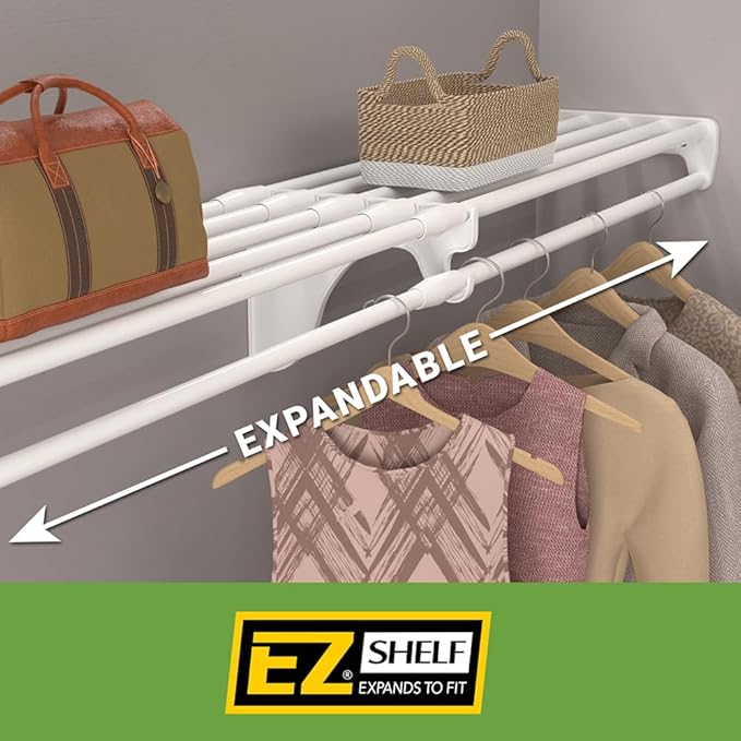 EZ Shelf - DIY Expandable Closet Shelf (NO Hanging Rod) - 28” to 48” - White - Easy to Install to 2 Sidewalls - (EZS-SW48) - Wire Closet Shelving Alternative