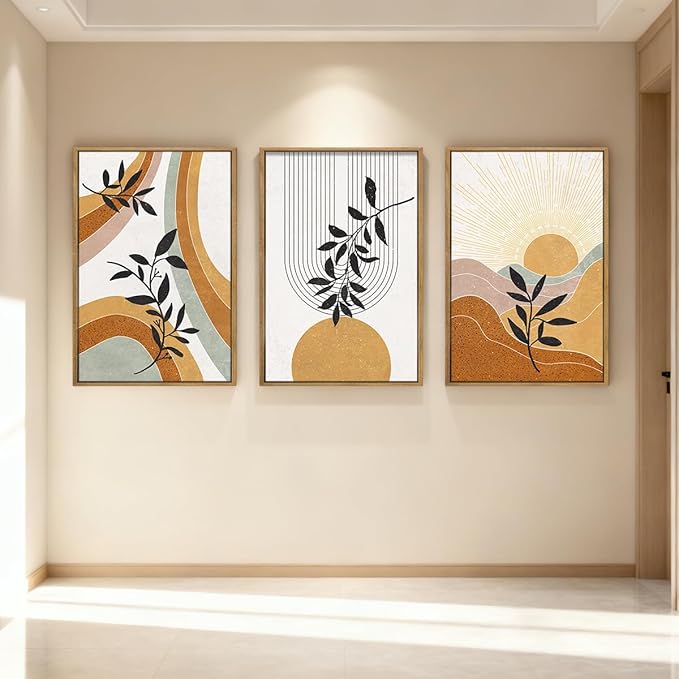 BINCUE Extra Large Boho Abstract Wall Art Abstract Line Wall Decor Mid Century Modern Artwork Boho Plants Wall Pictures Orange Abstract Paintings Orange Art Prints for Living Room Bedroom Office 24x36 Inches 3 Pieces