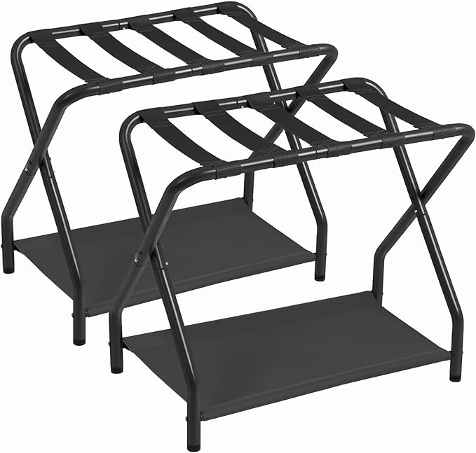 AMHANCIBLE Luggage Rack, Set of 2, Foldable Suitcase Stands for Guest Room, Metal Luggage Holder with Storage Shelf for Bedroom, Hotel, Easy Assemble, Black HLR02BK