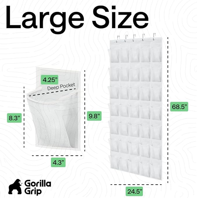 GORILLA GRIP Over the Door Shoe Organizer, 35 Large Breathable Mesh Pockets, Space Saving Hanging Storage Holder, 5 Hook Closet Rack Hanger, Hangs on Closets for Shoes, Accessories 68.5H x 24.5W White