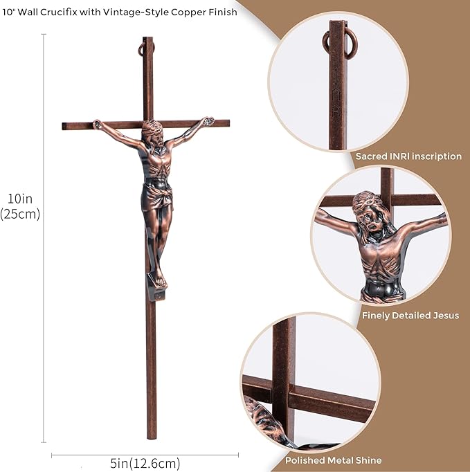 ACHIBANG 10" Crucifix Wall Cross – Antique Copper Catholic Jesus Wall Crucifix for Home or Over-the-Door Blessing