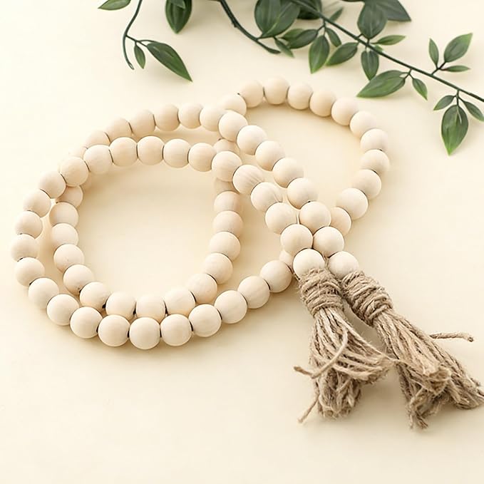 Farmhouse Decor, 59in Wooden Beads Garland with Tassels, Rustic Farmhouse Prayer Boho Beads for Coffee Table Wall Country Decor