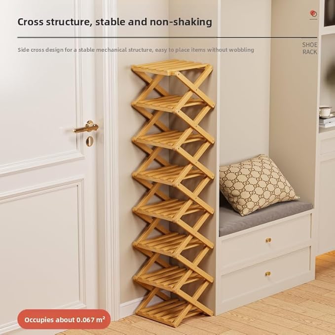 Bamboo Shoe Rack Organizer, 2-10 Tiers, Natural or Tea Color, No-Tool Assembly, Foldable Storage Shelf (No Installation 10 Layer 30-Brown)