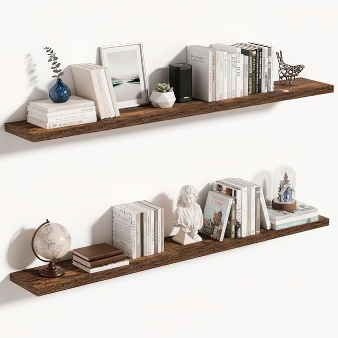 Vivelove 10 Inch Deep Floating Shelves 55 inch Long, 55 x 10 Wide Wall Shelves with Invisible Brackets, for Bedroom Bathroom Living Room Kitchen Office, Farmhouse Home Decor, Set of 2, Rustic Brown