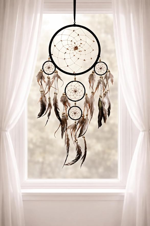 OMA Black Dream Catcher Wall Hanging with Tiger Eye Stones and Feathers, Black Suede Traditional Dream Catcher Boho Home Decor Bedroom Decoration Gift Large Size - 28" Long x 9" Diameter