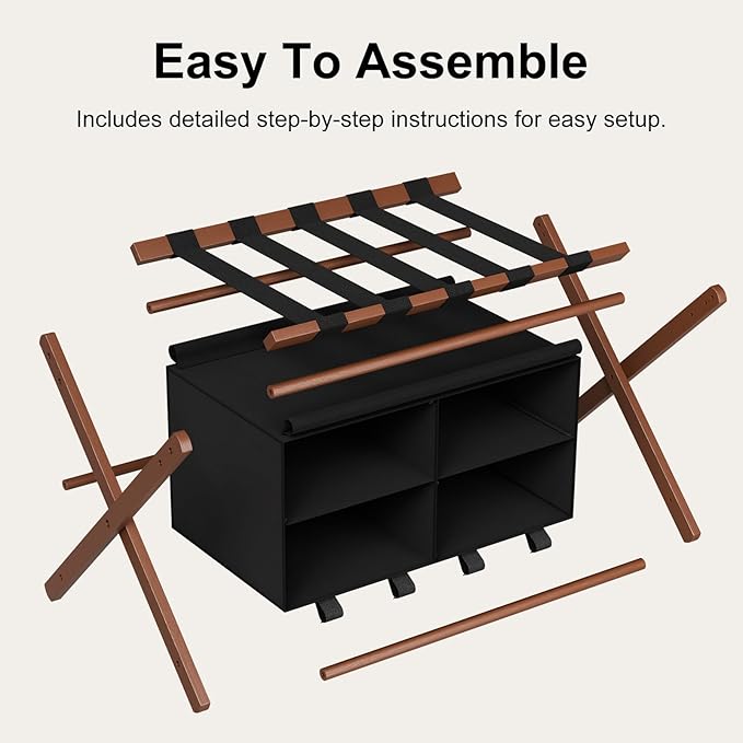 Bamboo Luggage Rack for Suitcases 2 Pack, Foldable & Easy to Assemble Suitcase Stand, Heavy Duty and Space-Saving Luggage Holder for Guest Room, Bedroom, Hotel