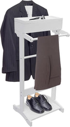 Wood Suit Rack, 22.05Lbs Capacity Freestanding Clothing Valet Stand Floorstanding Valet Stand Clothing Rack Organizer w/Shoe Shelf for Hallways Hotels Office & Shopping Malls (White)