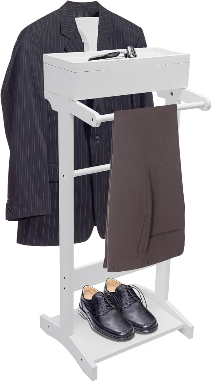 Suit Valet Stand, Wood Suit Stands Butler Clothing Rack, Freestanding Clothes Rack with Drawer Tray Shoe Rack for Organizes Ties, Belts, Shoes (White)