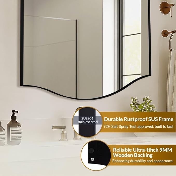 ANDY STAR 30"x40" Scalloped Wall Mirror，Matte Black Rectangle Bathroom Mirror with Curved Edge Stainless Steel Metal Frame, Large Wall-Mounted Mirror for Bathroom, Entryway (Horizontal/Vertical)