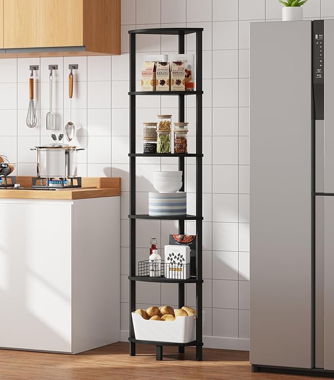 VIMBER Corner Shelf, 6-Tier Corner Bookshelf, Industrial Corner Ladder Shelf, DIY Storage Shelves, Modern Display Shelf for Living Room, Bedroom, Kitchen, Home Office, Black UJSJ004B