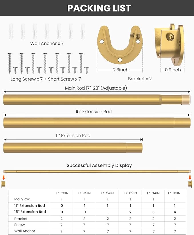 Closet Rods for Hanging Clothes, 17 to 54 Inches Stepless Adjustable Metal Closet Rod, 1.3 Inches Heavy Duty Clothes Hanging Rod for Closet Wardrobes Laundry RV, Golden