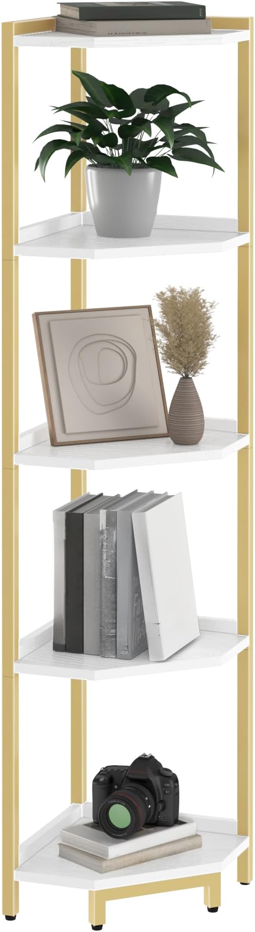 Hzuaneri Corner Shelf Stand, Corner Bookshelf, Storage Standing Shelf Unit with Metal Frame, Plant Stand, Bookcase for Living Room, Home Office, Bedroom, 5-Tier White Gold CS05903A