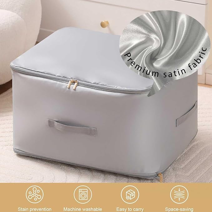Ultra Space Saving Self Compression Organizer, 3-Layer Zipper Large Capacity Storage Bag, Thick Satin Fabric Heavy Duty Bags for Comforters Blankets Bedding Duvet (Gray, X-Large, 3PCS)
