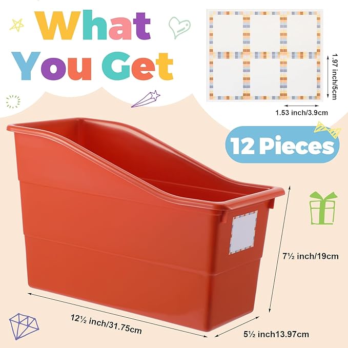 Suzile Interlocking Plastic Book Bins Bulk Classroom Organizers with Labels Magazine File Holder Boho for Teacher Supplies Library Office Home Storage Container(Classic Colors,12 Pcs)