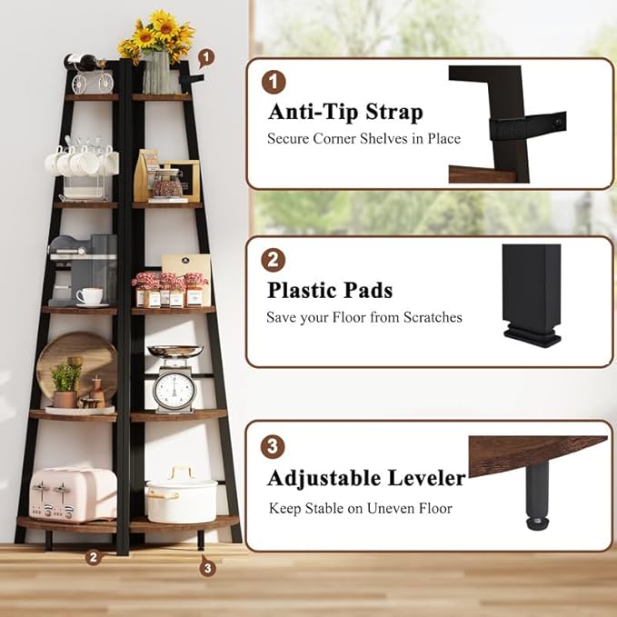 BON AUGURE 5-Tier Corner Ladder Shelf Stand, Black Metal Wood Corner Bookshelf, Narrow Tall Display Bookcase Shelving Unit for Living Room, Home Office, Small Space (Rustic Oak)