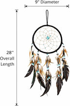 OMA Black Dream Catcher – Large Black Suede Dream Catcher with Turquoise Stones and Feathers, Traditional Dreamcatcher for Bedroom, Living Room, Dorms & Gift, Size - 28” x 9”