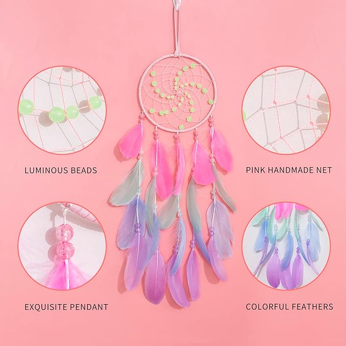 Luminous Dream Catchers for Girls, Handmade Pink Feather Native Wall Decoration