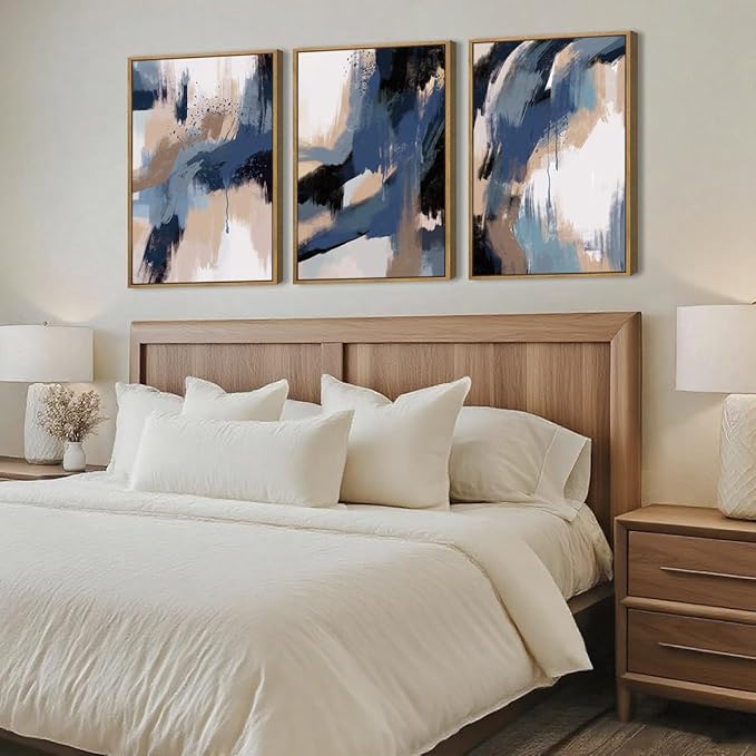 Extra Large Blue Neutral Wall Art Modern Abstract Wall Painting Framed Blue Artwork Abstract Blue Wall Decor Modern Abstract Art Prints Neutral Abstract Paintings for Living Room Bedroom Office 24x36 Inch Set of 3