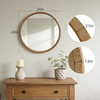 WallBeyond 24 Inch Natural Round Wood Mirror, Circle Wooden Frame Wall Mirror for Bathroom, Living Room, Bedroom, Entryway