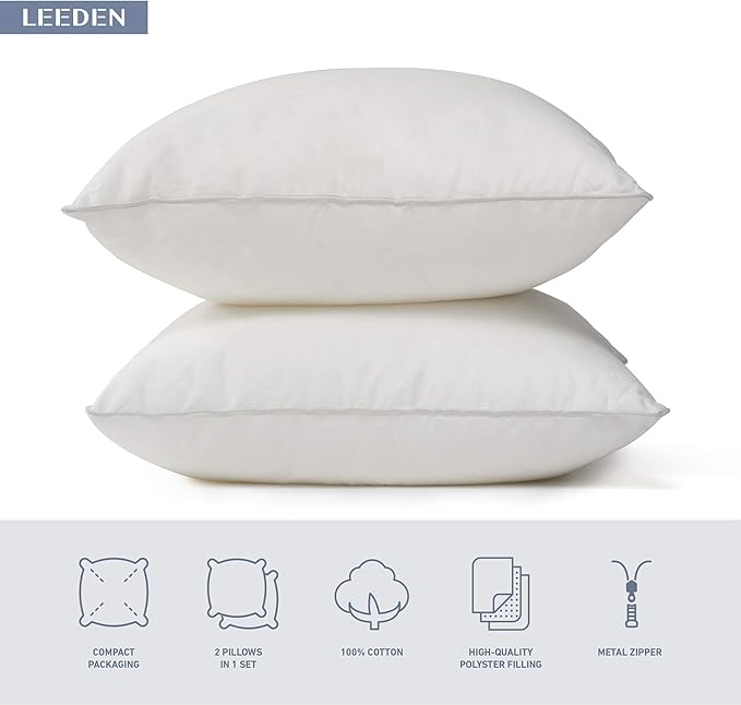 Leeden 22 x 22 Pillow Inserts (Set of 2) - Throw Pillow Inserts with 100% Cotton Cover - 22 Inch Square Decorative Pillows for Sofa, Couch, Bed and Home Decor