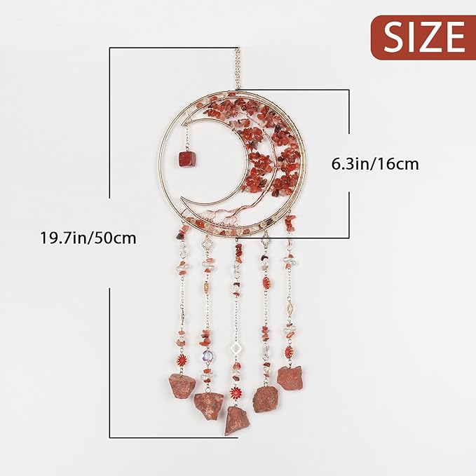Red Gemstone Dream Catcher 7 Chakras Tree of Life Moon Dream Catchers with Healing Crystal Stones Handmade Suncatcher Dreamcatcher Wall Decor for Adults Living Room,Bedroom,Garden,Bless Gift