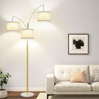 Dimmable 3 Lights Arc Floor Lamp, Modern Tall Standing Tree Lamp with Gold Pole, White Linen Shades & Solid Marble Base, 3000LM Warm White LED Bulbs, Elegant Lighting for Living Room, Bedroom & Office